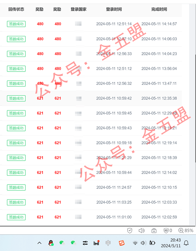 金五盟海外问卷调查，5月11日部分后台业绩记录 金五盟海外问卷调查，5月11日部分后台业绩记录 问卷调查